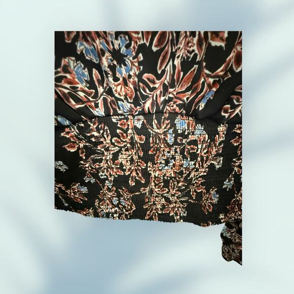 Free People Brown Leaf & Floral Pattern Smocked Waist Bank Blouse  XS - Picture 11 of 12